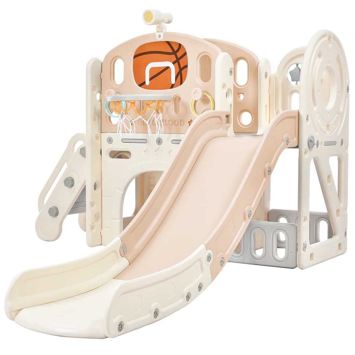 7-in-1 Toddlers Slide Climber Playset, Freestanding Castle Climbing Crawling Playhouse Children Climbers Playground Toy Storage Organizer with Slide, Arch Tunnel, Ring Toss & Basketball Hoop, Pink