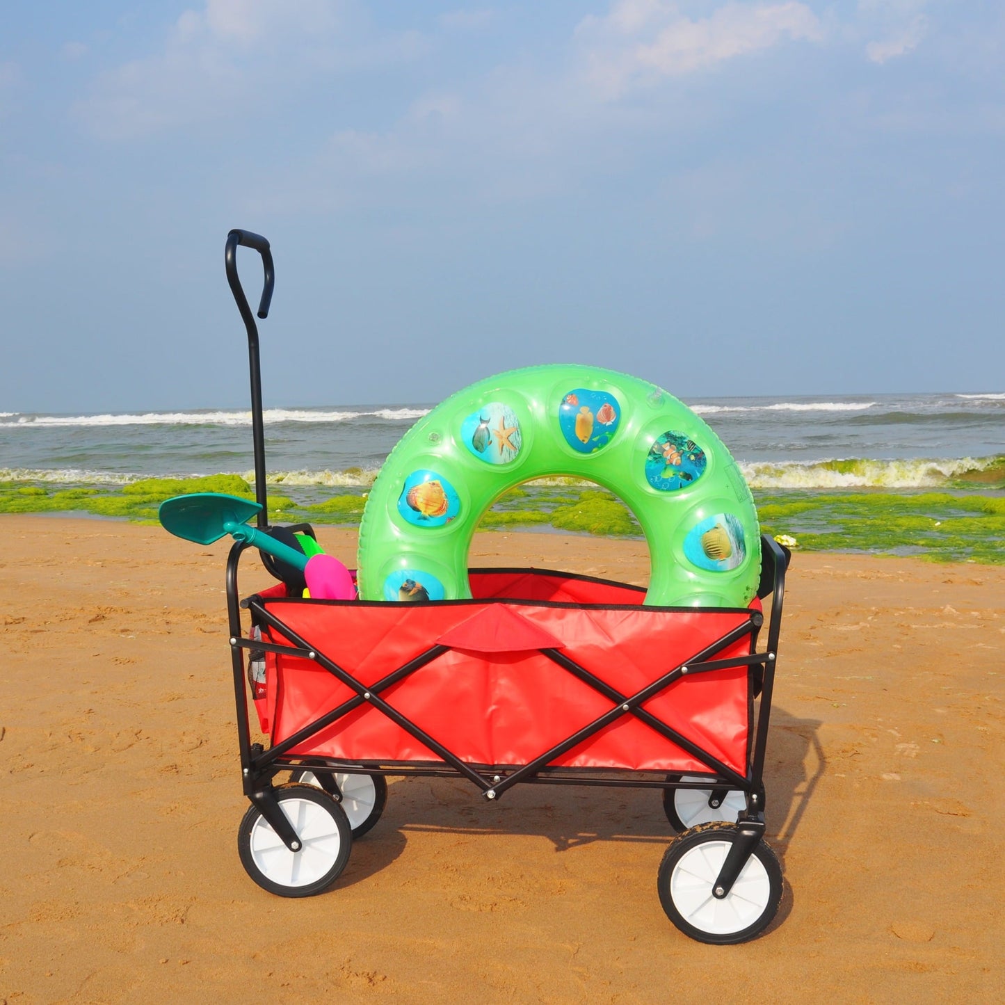 Beach Carts for Sand, Collapsible Outdoor Utility Wagon with Drink Holder, Heavy Duty Folding Wagon Cart with All Terrain Wheels, Red Wagon for Shopping, Yard, Camping, 150 Pound Capacity, L052