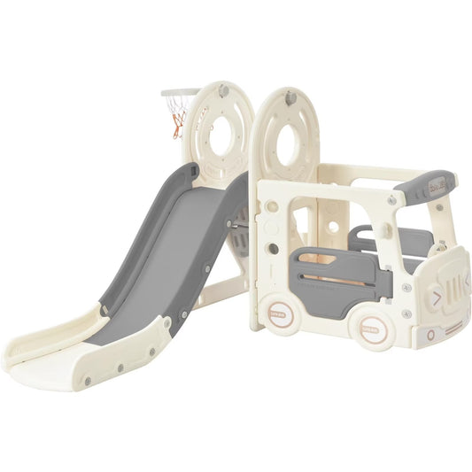 4-in-1 Baby Slide, Indoor Outdoor Kids Slide with Basketball Hoop, Climber & Bus Playhouse, Freestanding Playground Slide, 39.8'' L x 67.7'' W x 37'' H, Gray