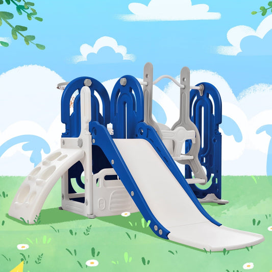 5 in 1 Toddler Slide and Swing Set,Kids Playhouse Climber Slide Playset with Basketball Hoop,Freestanding Slide Combination for Babies Indoor Outdoor Playground,Blue