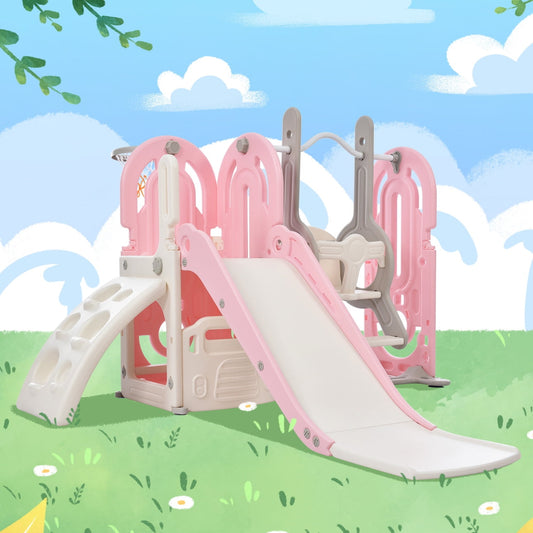 5 in 1 Toddler Slide and Swing Set,Kids Playhouse Climber Slide Playset with Basketball Hoop,Freestanding Slide Combination for Babies Indoor Outdoor Playground Yard,Pink