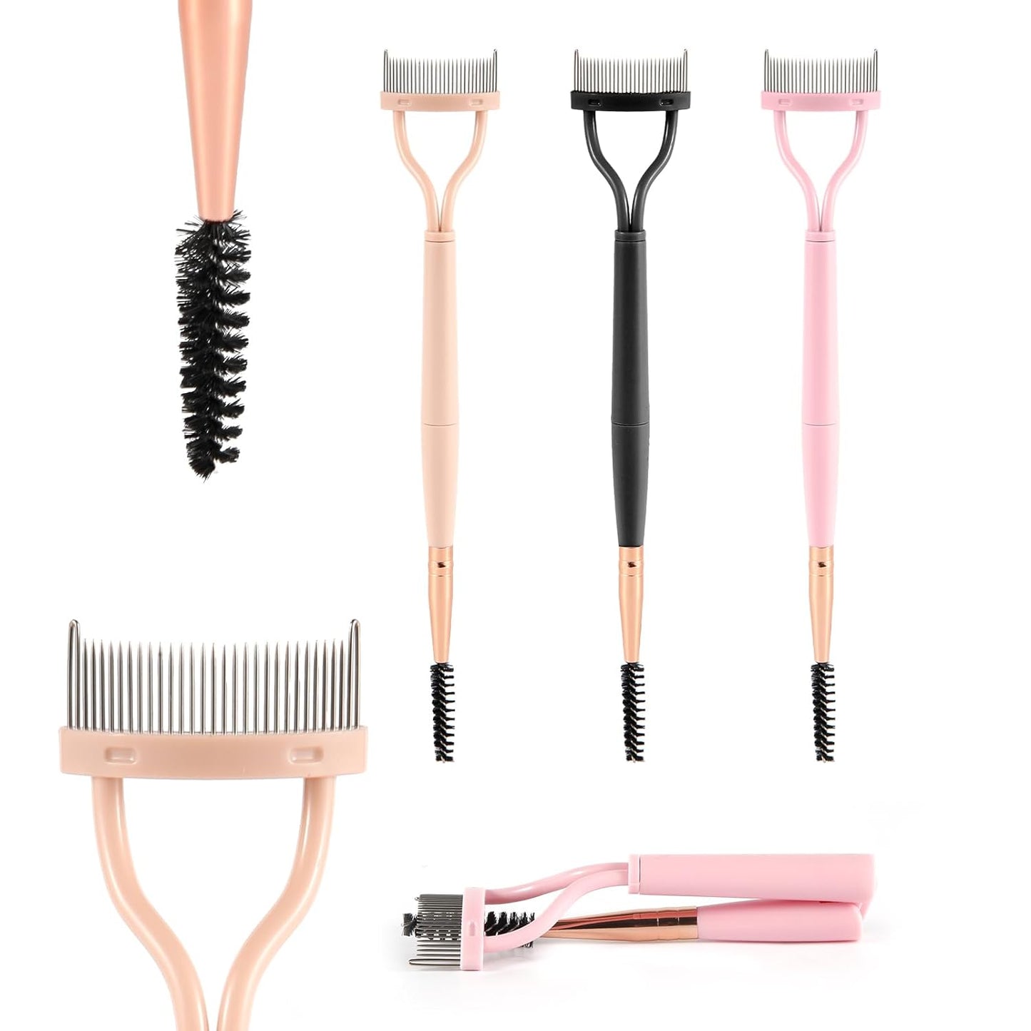 3pcs Double Head Eyelash Comb, Folding Eyelash Separator Tool with Adjustable Brush Eye Lash Combs with Cover for Removing Excess Mascara (3 Colors)