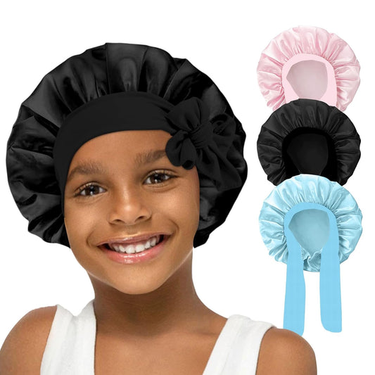3 Pcs Kids Silk Bonnet for Sleeping - Baby Satin Bonnet for Sleeping,Kids Hair Bonnets for Curly Hair Girls Boys with Wide Elastic Band,Sleeping Cap for Teens Toddler Child (Pink+Black+Light Blue)