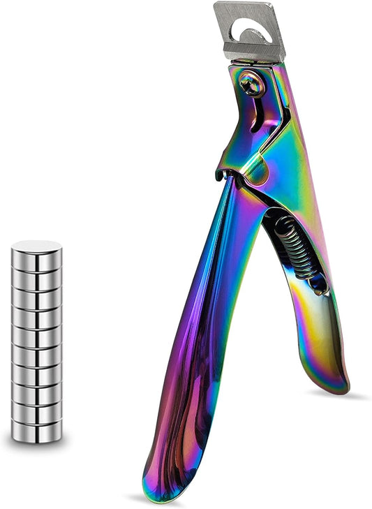 Acrylic Nail Cutter with Magnet Sizer & Length Measurement,Adjustable Stainless Nail Trimmer for Salon Home Nail Art, Professional Nail Clippers for Precise Manicures (Rainbow)