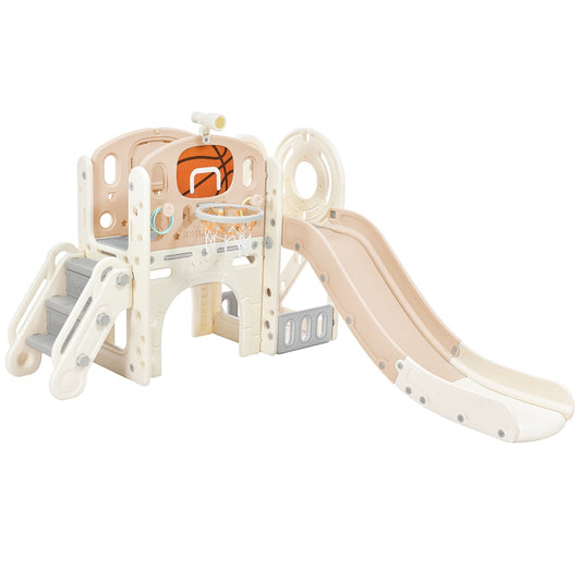 7-in-1 Toddlers Slide Climber Playset, Freestanding Castle Climbing Crawling Playhouse Children Climbers Playground Toy Storage Organizer with Slide, Arch Tunnel, Ring Toss & Basketball Hoop, Pink