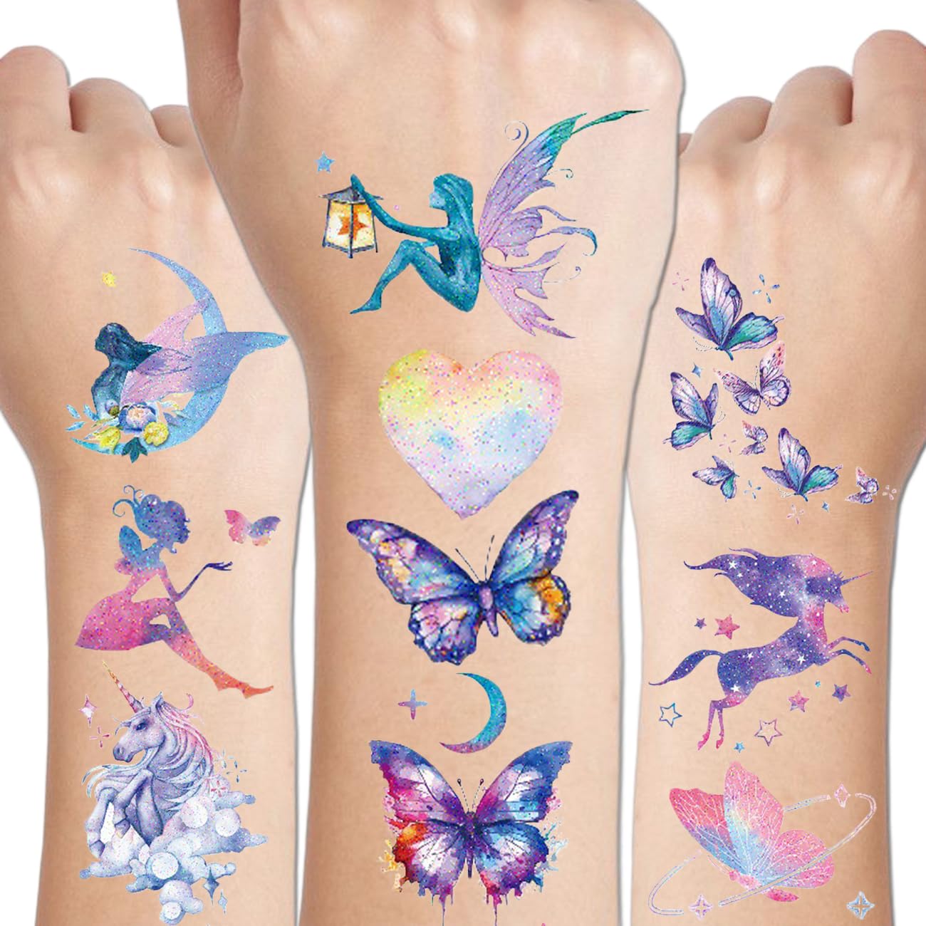 110 Glitter Styles Temporary Tattoos for Girls Women - 12 Sheets Glitter Dream Butterfly Moon Fairy Unicorn Mermaid Temporary Tattoos for Girls Party Favors Festival Makeup