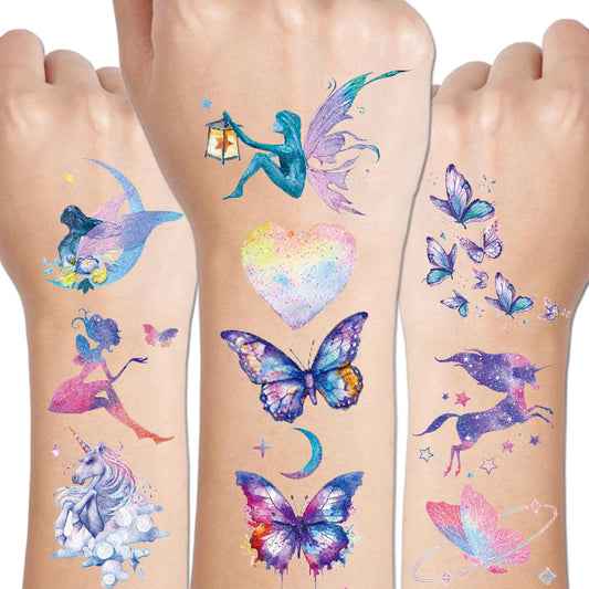 110 Glitter Styles Temporary Tattoos for Girls Women - 12 Sheets Glitter Dream Butterfly Moon Fairy Unicorn Mermaid Temporary Tattoos for Girls Party Favors Festival Makeup