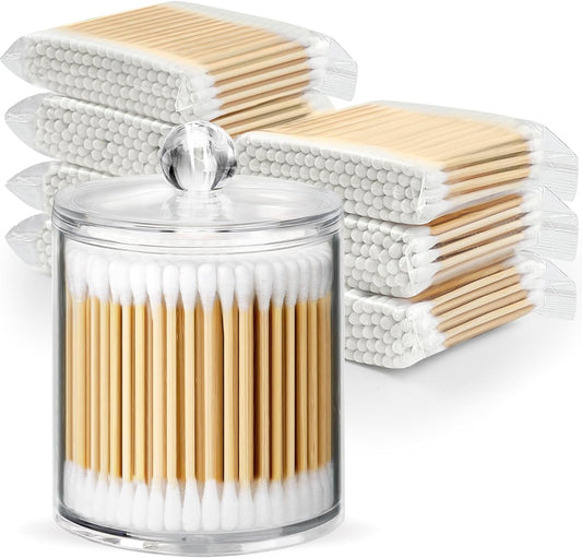 700 Count Cotton Swabs with 1 Dispenser Holder for Ears - Double-Tipped Cotton Buds - Bamboo Sticks Cotton Swabs for Makeup and Daily Cleaning - Transparent Plastic Fashion Can Container