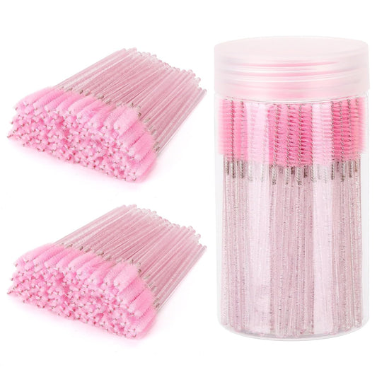 300 Pcs Disposable Mascara Wands with 1 Container, Crystal Eyebrow Spoolies Brush for Eyelash Extensions, Pink Lash Brushes