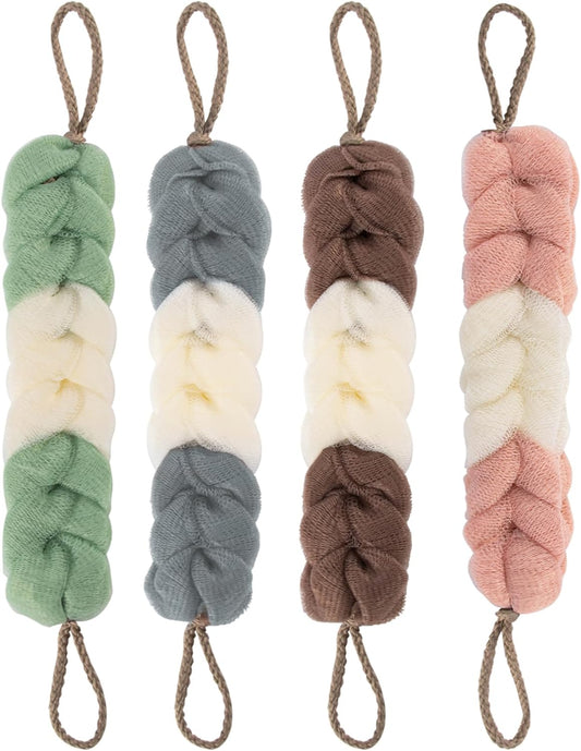 Back Scrubber - 4PCS Body Wash Scrubber Long Stretch Bath Loofah with Handle Back Washer Braided Loofah Exfoliating Body Scrubber Soft Mesh Back Washer for Shower for Women Men