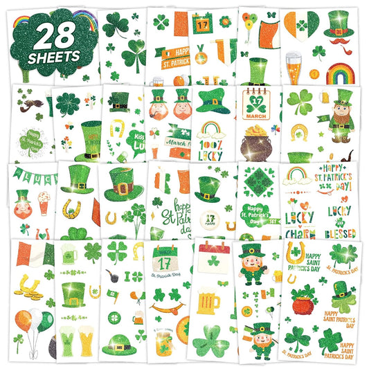 250pcs St. Patrick's Day Temporary Tattoo Stickers for Kids, Glitter Tattoos for St Patrick's Day Decorations Accessories, Shamrock Irish Tattoo Stickers for Party Supplies Favors (28 Sheets)