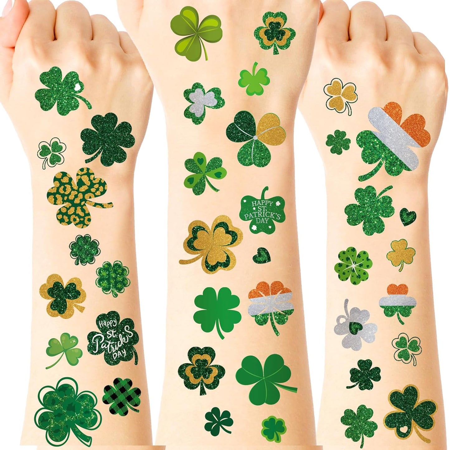 72 Sheets 520 Pcs St. Patrick's Day Tattoos Shamrock Temporary Tattoos Glitter Irish Tattoo Stickers Body Face Clover Temporary Tattoos for Kids Party Favors Decoration Accessories