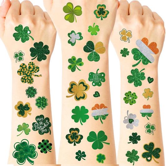 72 Sheets 520 Pcs St. Patrick's Day Tattoos Shamrock Temporary Tattoos Glitter Irish Tattoo Stickers Body Face Clover Temporary Tattoos for Kids Party Favors Decoration Accessories