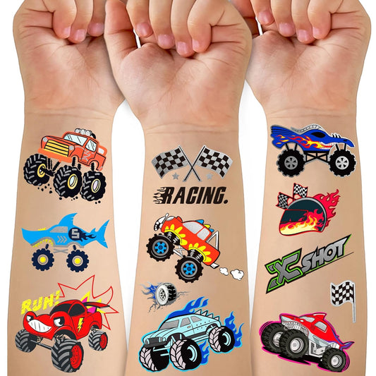 75 PCS Truck Temporary Tattoo for Kids, Groovy Metallic Styles Tattoos for Truck Birthday Party Supplies -Racing Car Checkered Flag Trophy Flames Wheel Fake Tattoo Stickers for 5 6 7 8 Years Old Boys