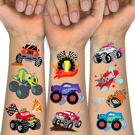 75 PCS Truck Temporary Tattoos for Kids Birthday Party Favor- Groovy Silver Metallic Styles Fake Tattoos | Trucks, Car Racing, Flames, Trophy Tattoo for 5 6 7 8 Years Boys Girls Easter Gift