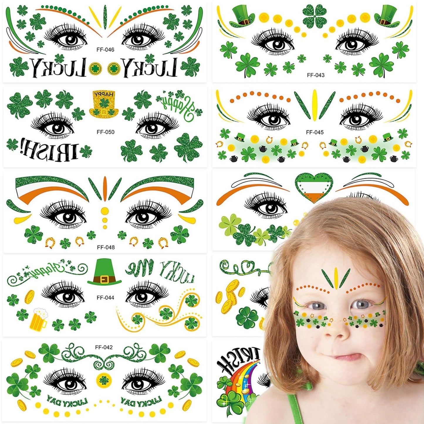 10 Sheets St. Patrick's Face Tattoos, Classic Shamrock Coins Hats Face Tattoos for kids Adult Parade Face Body Makeup & Costume