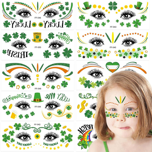 10 Sheets St. Patrick's Face Tattoos, Classic Shamrock Coins Hats Face Tattoos for kids Adult Parade Face Body Makeup & Costume