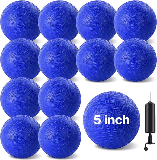 12 Pcs Dodgeballs 5 Inch Kickball Playground Ball Blue Inflatable Rubber Handball Bouncy Dodge Ball with 1 Hand Pump for Outdoors Ball Games Gym Camps Picnic