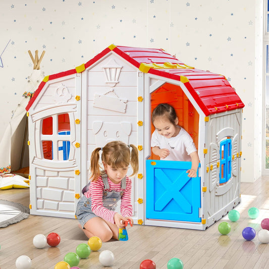 Amijoy Kids Cottage Playhouse, Toddler Pretend Playhouse w/ Lockable Door & Openable Window, Plastic Indoor Outdoor Fantasy Playhouse